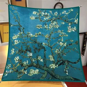 Detail view of the artistic Almond Blossom oil painting print on a square silk scarf