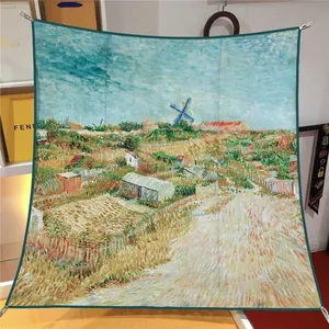 Classic oil painting landscape silk scarf 90x90cm twill satin square neck shawl