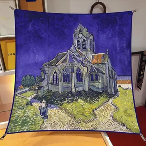 Carré de soie 90x90cm vintage avec peinture à l'huile Van Gogh L'Église d'Auvers