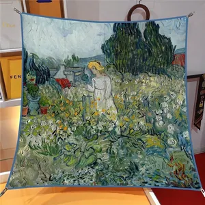 Élégant foulard carré en soie à imprimé peinture à l'huile rétro 90x90cm, bord bleu