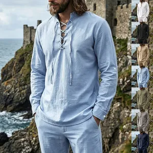 Men's medieval linen Henry shirt with laced neck, available in various colors for spring