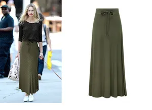 Detailed view of high waist olive green midi skirt with drawstring and side slit