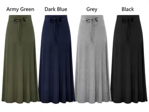 Detailed view of high waist midi skirts in army green, navy blue, grey and black colors