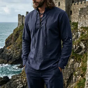 Men's medieval retro lace-up Henley shirt in navy blue linen texture outdoor