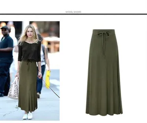 Detailed view of a stylish high-waisted olive green maxi skirt with side slit and belt