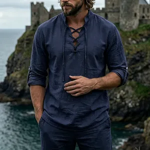 Men's medieval retro linen lace-up Henley shirt in navy blue, outdoor castle view