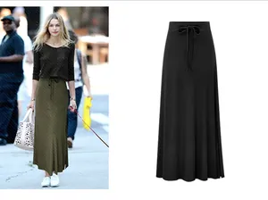 Elegant high waist slit midi skirt with drawstring waist in olive green and classic black