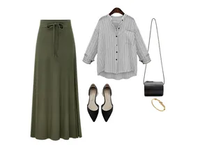 Olive green high waist maxi skirt styled with a striped shirt and black flats ensemble