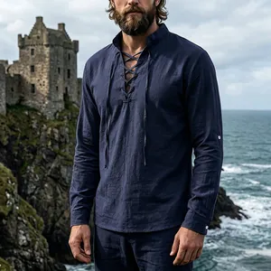 Medieval retro men's linen Henley shirt with lace-up stand collar in navy blue.