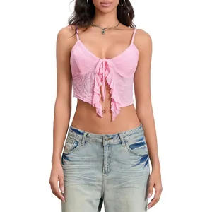 Elegantes rosa Spitzen-Crop-Top für Damen mit vorderer Schleife und V-Ausschnitt