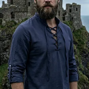Close-up detail of navy blue medieval retro linen lace-up shirt with stand collar