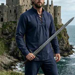 Detailed view of men's medieval retro lace-up Henley shirt with a vintage linen texture