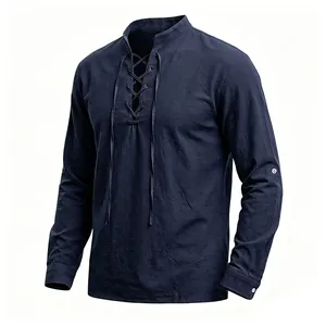 Detailed view of a navy blue medieval lace-up Henley shirt featuring a stand collar