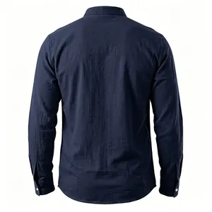 Detailed back view of a men's navy blue long sleeve linen-textured henley shirt.