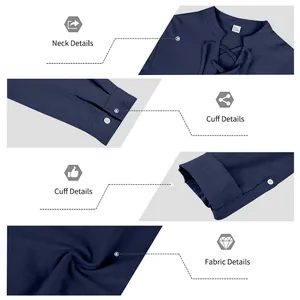 Detailed macro views of navy blue men's linen Henley shirt collar, cuffs and fabric