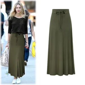 Elegant olive green high waisted maxi skirt featuring a side slit and drawstring waist