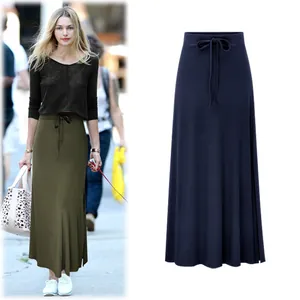 Elegant high-waisted midi pencil skirt with drawstring waist and side slit detail
