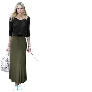 Elegant olive green high waist midi skirt with side slit and drawstring waist