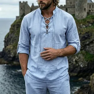 Men's medieval retro light blue linen Henry shirt with lace-up collar detail view