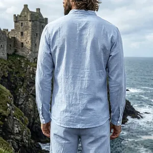 Detailed back view of men's light blue stand collar long sleeve linen Henley shirt