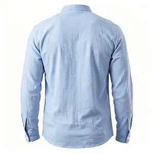 Back view of a light blue long-sleeve linen Henry shirt with stand collar for men