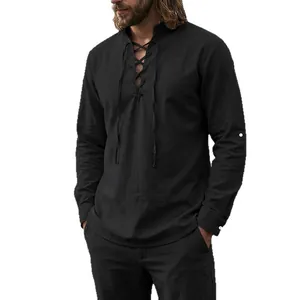 Vintage black men's long sleeve linen henley shirt with adjustable lace-up collar