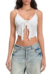 Elegantes weißes Spitzen-Camisole-Crop-Top mit Rüschen und Schleife für den Sommer