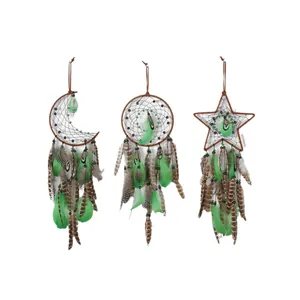 Set of 3 forest style dreamcatchers with green feathers for bohemian home wall decor