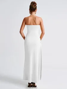 Back view of a white strapless floor-length evening dress with a slim silhouette