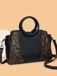 Vintage Embossed Floral PU Leather Handbag For Women Retro Circular Handle Crossbody Bag Casual Daily Top Handle Bag Large Capacity Satchel