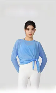 Sheer light blue slub yarn yoga top for women featuring a stylish tied front waist