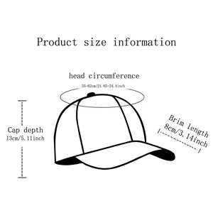 Washed baseball cap size chart guide showing head circumference and brim dimensions