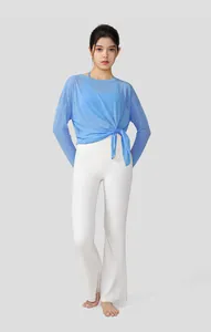 Breathable blue bamboo yarn long-sleeved yoga top with a stylish knotted waist detail for gym