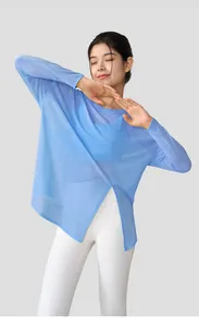Detailed macro view of sheer blue slub yarn yoga top featuring a side slit design