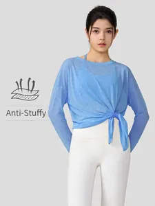 Women's Loose Slub Yarn Yoga Top Quick Dry Breathable Long Sleeve Gym T-Shirt With Side Slit For Fitness Pilates Sportswear