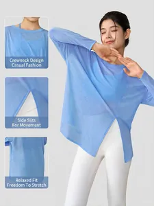 Breathable loose fit slub yarn yoga top with stylish side split and long sleeves