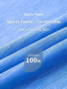 Detailed macro view of breathable blue bamboo yarn yoga top fabric, 100% polyester material.