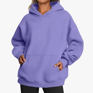 Detailed view of women's purple oversized hoodie with spacious kangaroo pocket.