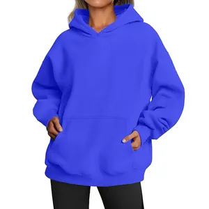 Detailed front view of women's oversized royal blue hoodie with large kangaroo pocket