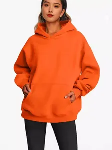 Vibrant orange oversized women's hooded sweatshirt with a front kangaroo pocket