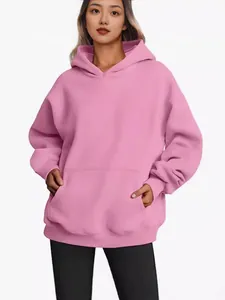 Casual pink oversized hooded sweatshirt for women with front pocket and loose fit style