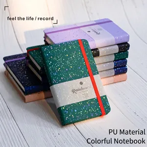 Close-up of glitter PU leather notebooks with colorful elastic bands and speckled covers