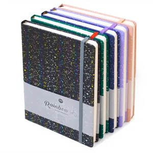 Detailed view of colorful shimmer hardcover notebooks with elastic straps and paper bands.
