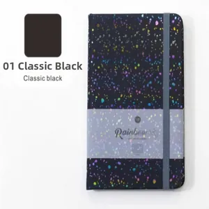 Close-up of A5 glitter hardcover notebook in classic black with a grey elastic strap.
