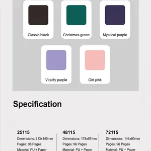 Detailed specifications and color options for A5 and A6 portable PU leather strap notebooks