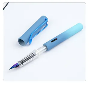 Detailed view of a stylish blue gradient fountain pen featuring a colorful iridescent EF nib