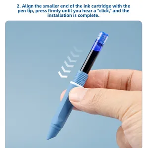 Detailed demonstration of installing a 3.4mm ink cartridge into a blue ergonomic fountain pen
