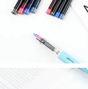 Close-up of a fountain pen with rainbow nib and colorful 3.4mm ink cartridges set.
