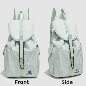 Detailed front and side view of a mint green trendy college style backpack for women