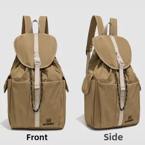 Khaki preppy style backpack shown in front and side views for commuting and school
